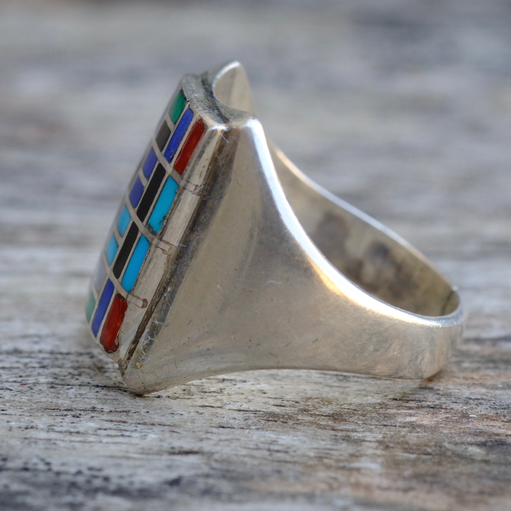 Vintage Sterling Multistone Inlay Panel Ring 8.5