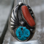 Vintage Sterling Turquoise and Coral Feather Ring 10.5