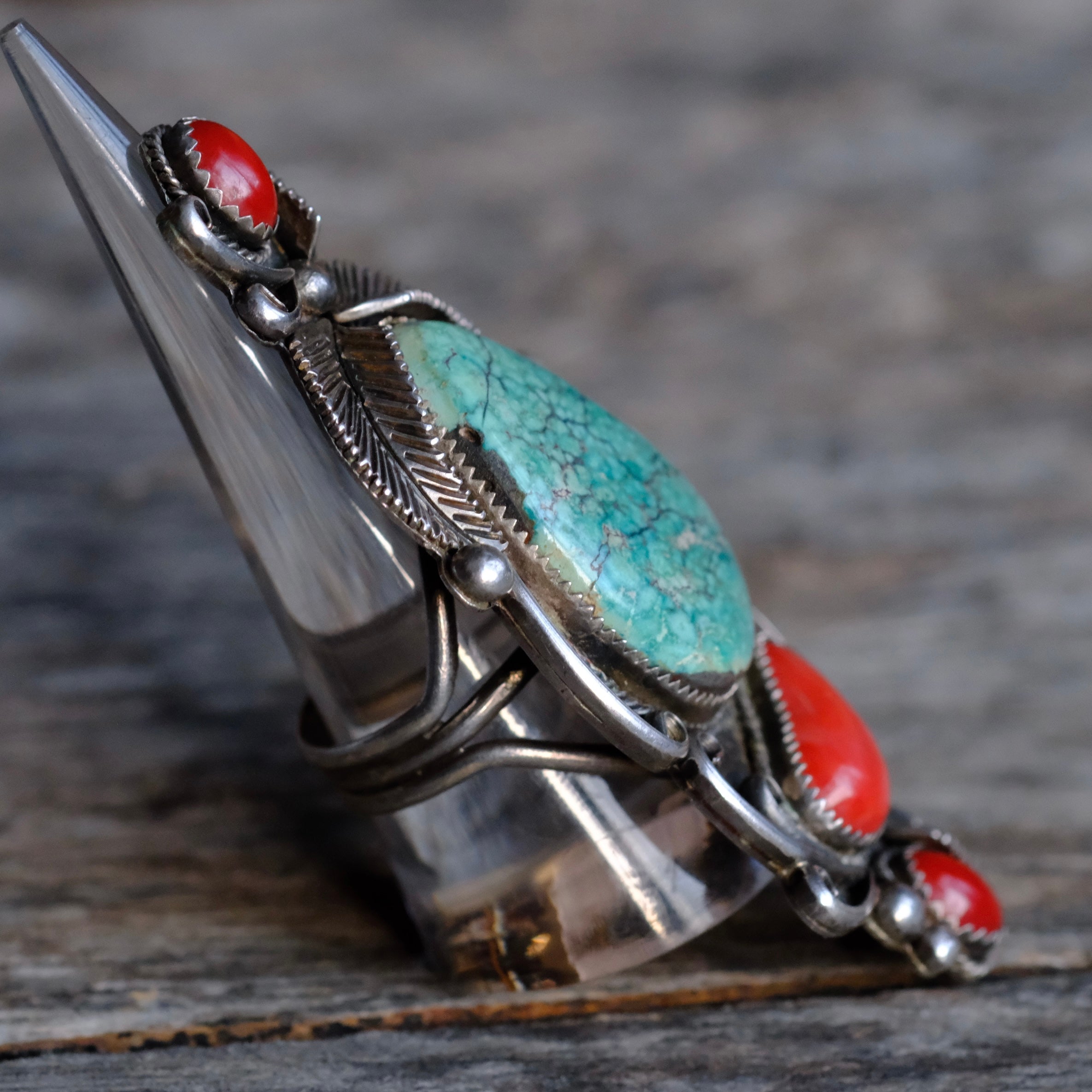 MASSIVE 3" Vintage Sterling Turquoise and Coral Feather Ring 9.5