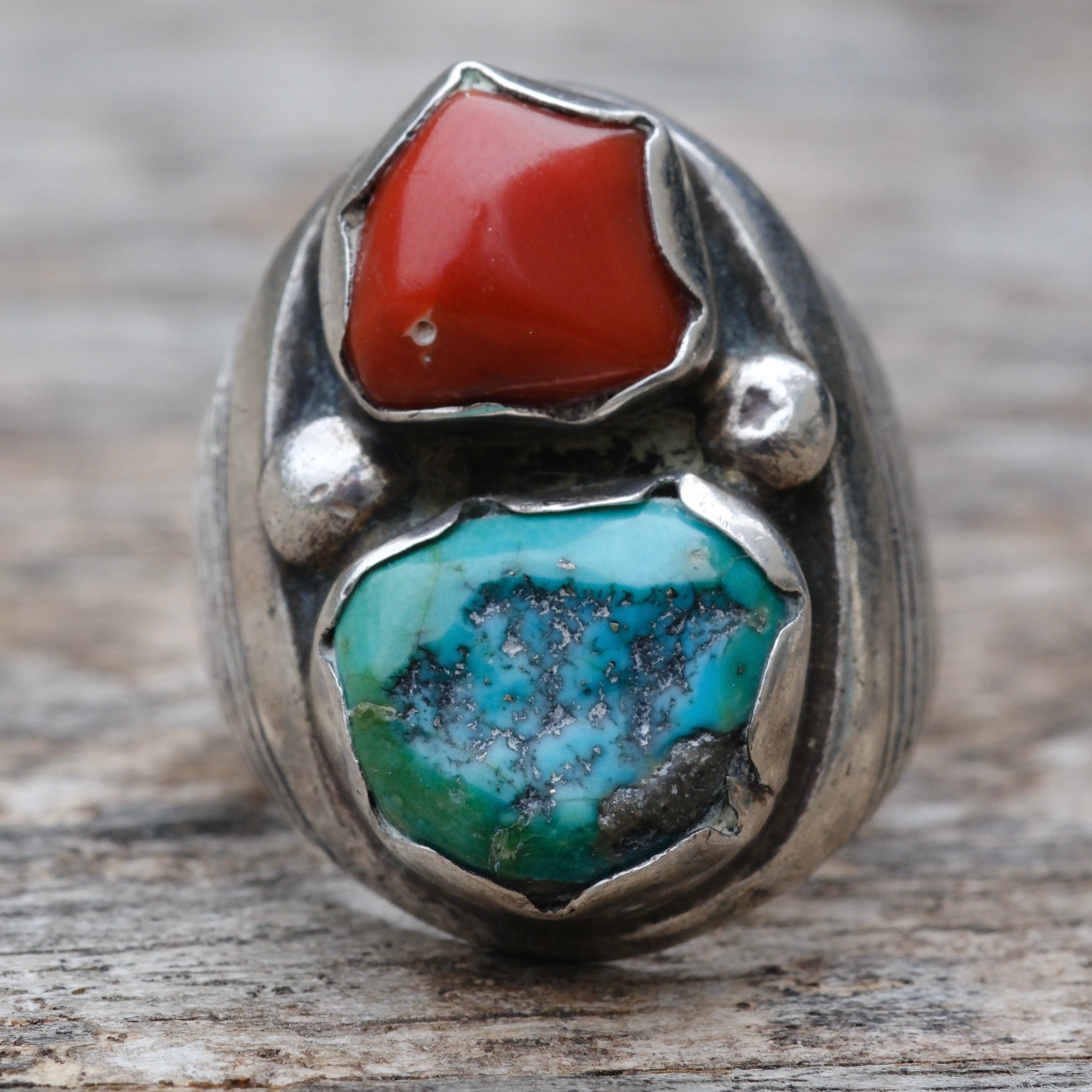 Vintage Sterling Turquoise and Coral Ring 9.25