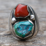 Vintage Sterling Turquoise and Coral Ring 9.25