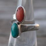 Vintage Sterling Turquoise and Coral Overpass Ring 5.75