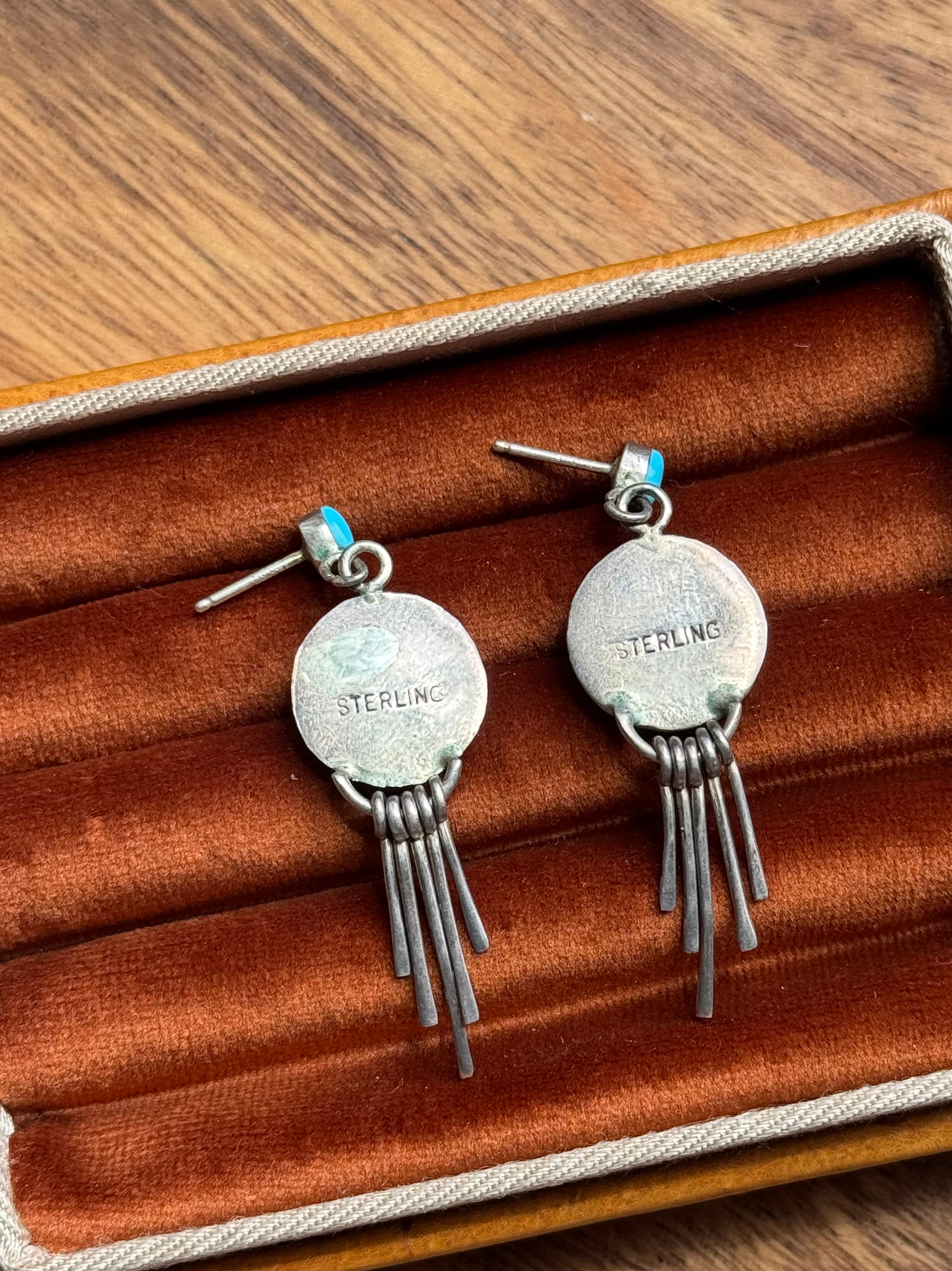 Vintage Sterling Silver Turquoise Inlay Fringe Earrings