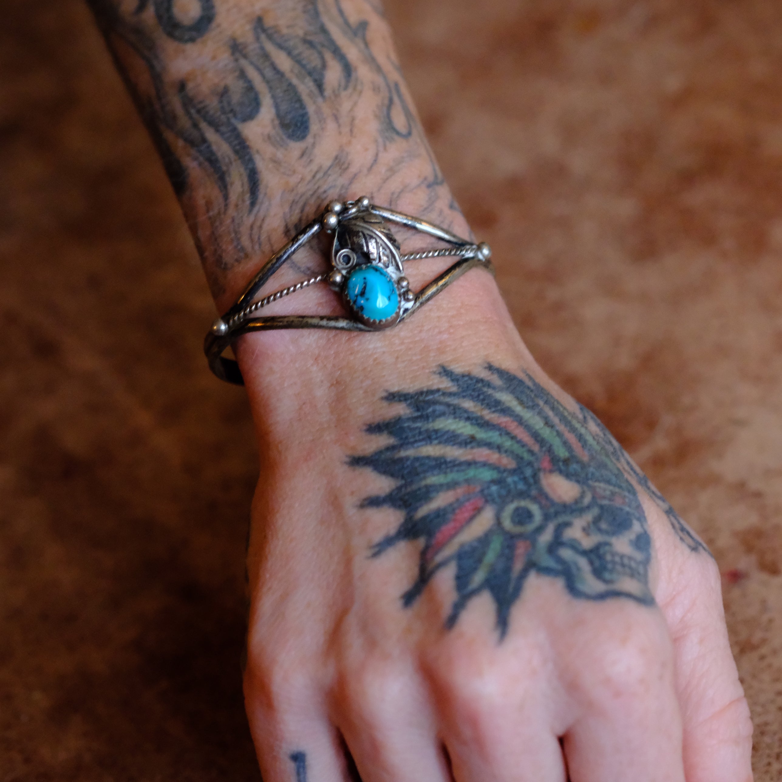 Vintage Sterling Turquoise Feather Cuff Bracelet