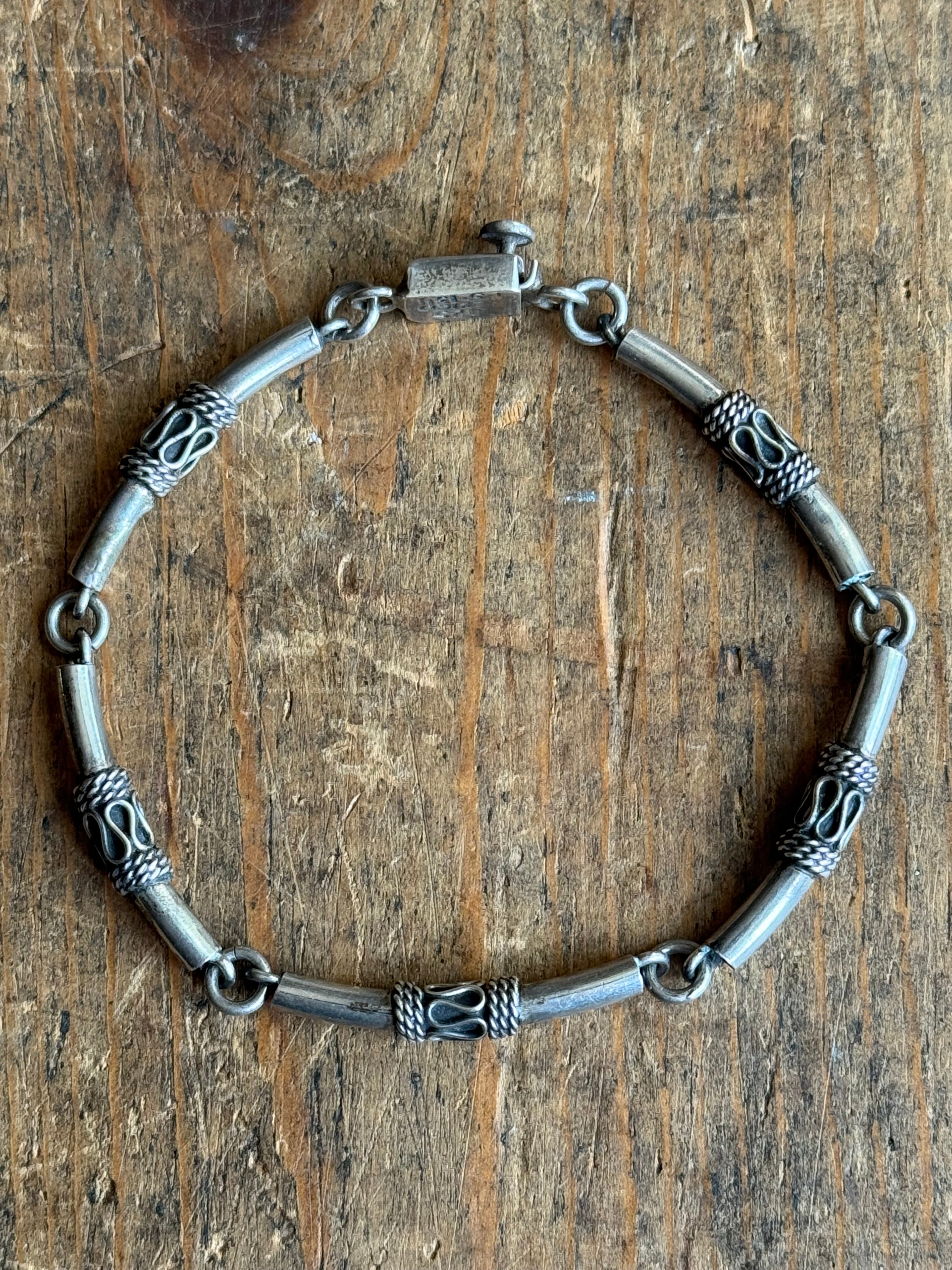 Vintage Sterling Silver 7.25” Tribal Tube Link Bracelet