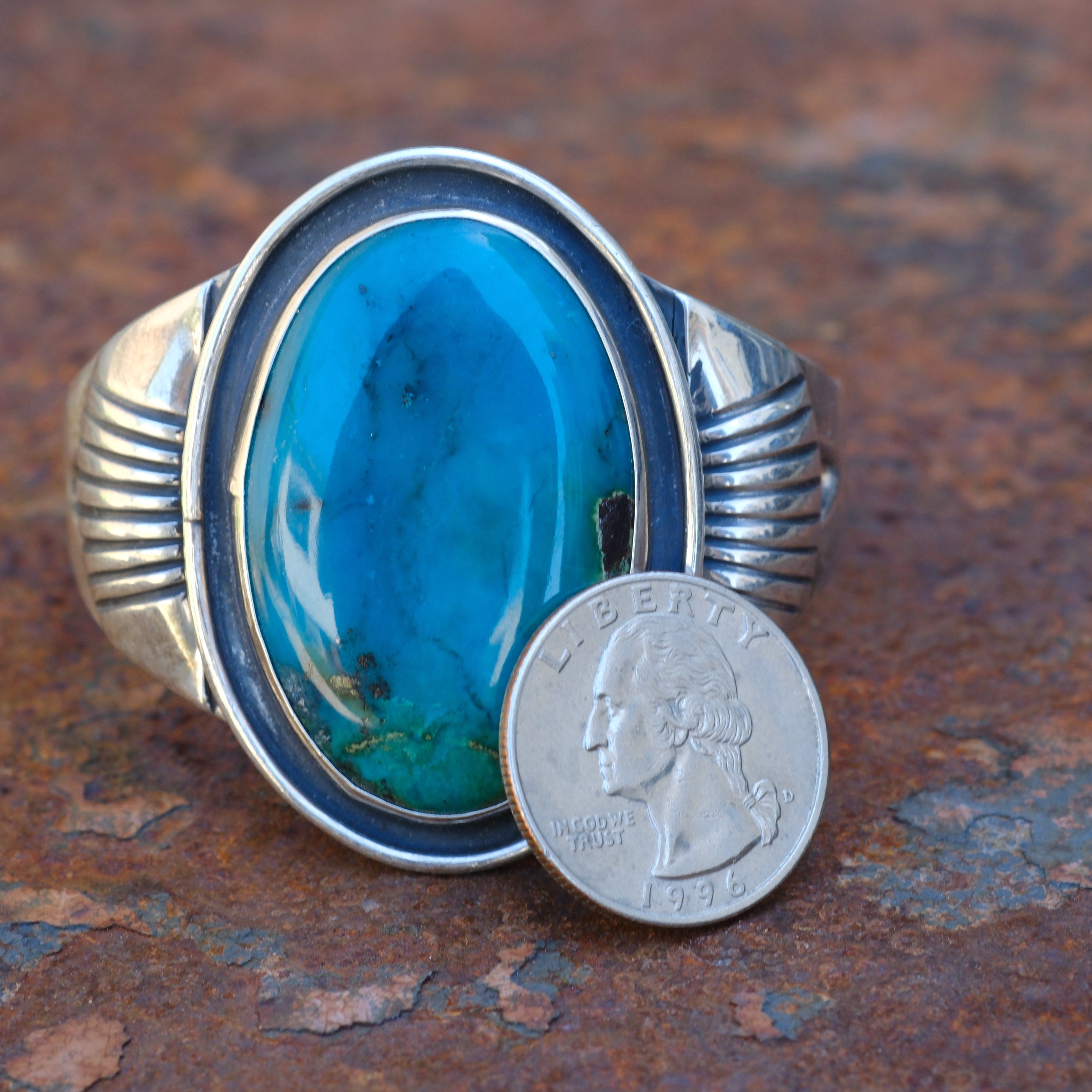 Vintage Sterling Turquoise Ribbed Cuff Bracelet