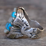 Vintage Sterling Turquoise and Mother Of Pearl Eagle Ring 11.25
