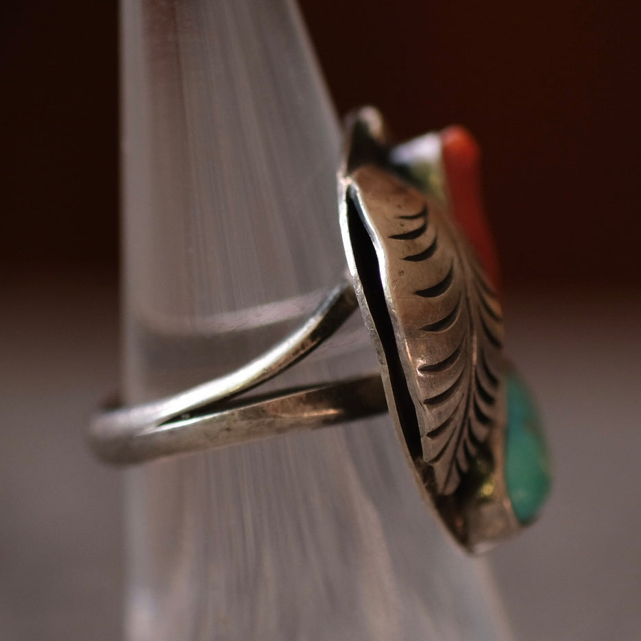 Vintage Sterling Turquoise and Coral Feather Ring 6.5