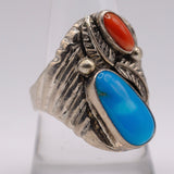 Vintage Sterling Turquoise and Coral Feather Ring 9.75