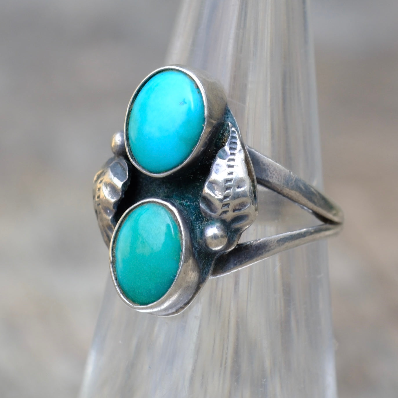 Vintage Sterling 2-Stone Turquoise Feather Ring 4.5