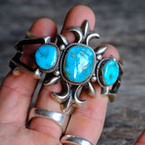 HEAVY Vintage Sterling Blue Gem Turquoise Sandcast Cuff