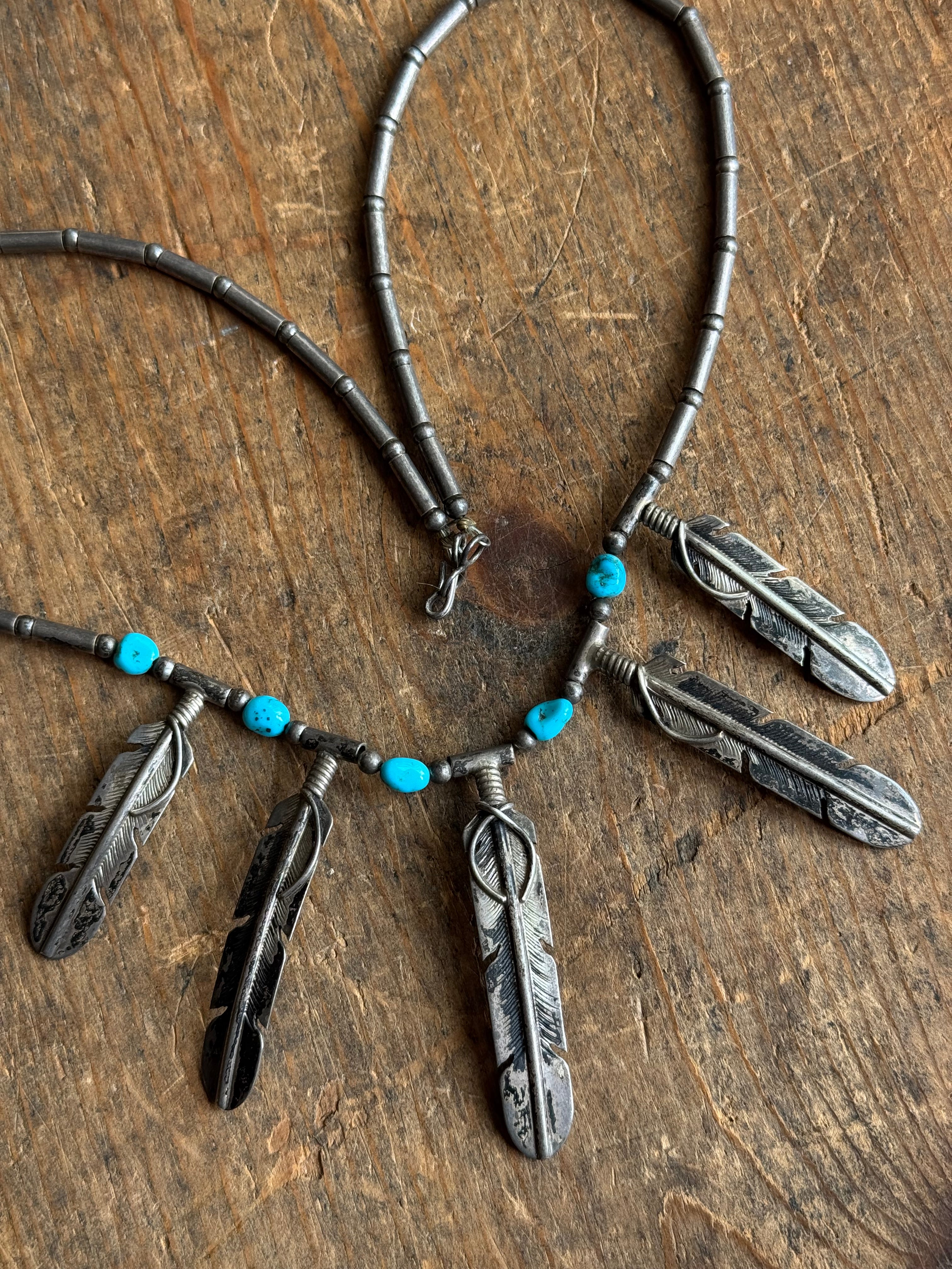 Vintage Sterling Silver Five Feather Turquoise Necklace
