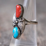 Vintage Sterling Turquoise and Coral Feather Ring 7