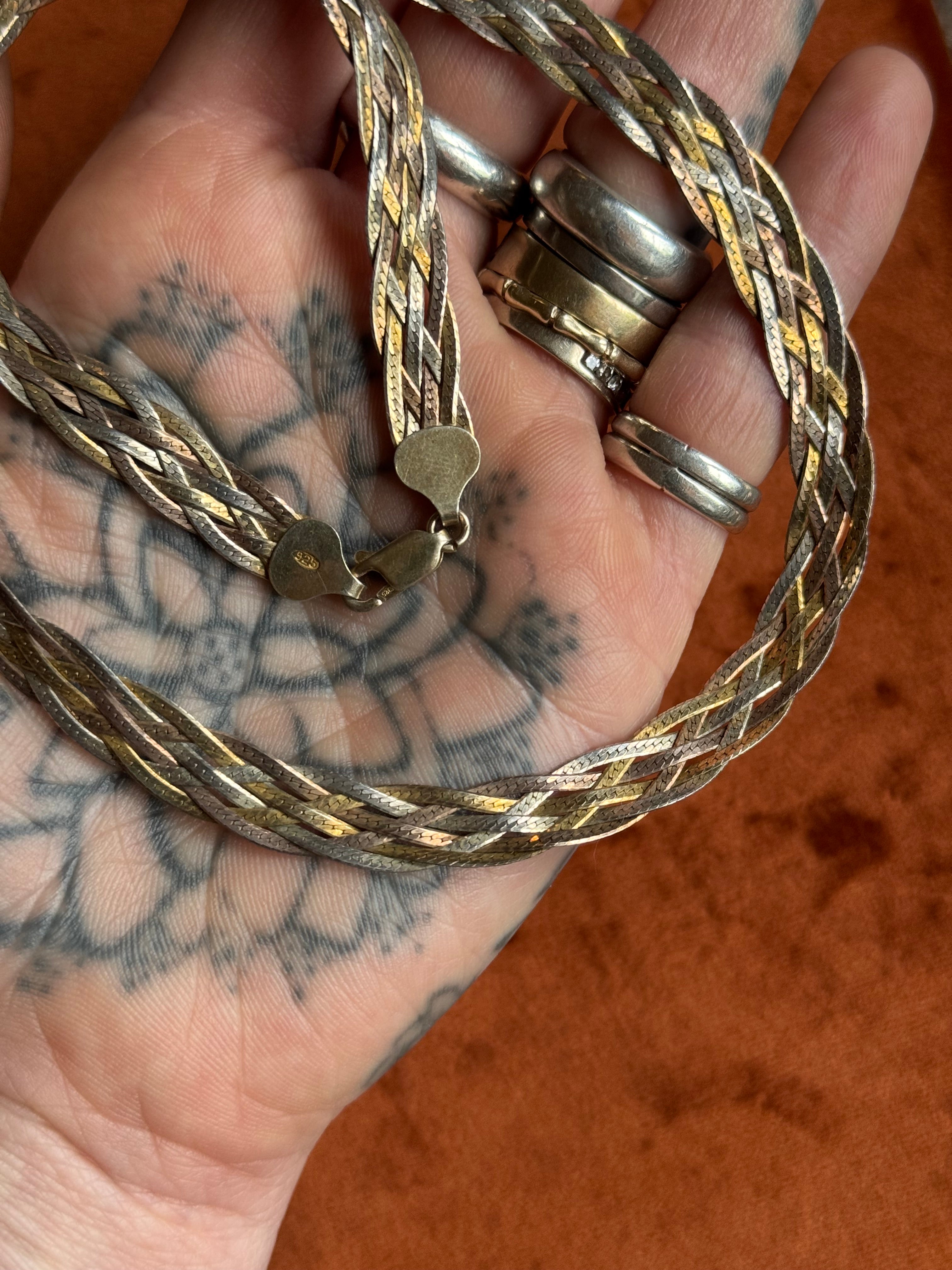 Vintage Sterling Silver 18” Gold-Tone Braided Herringbone Chain