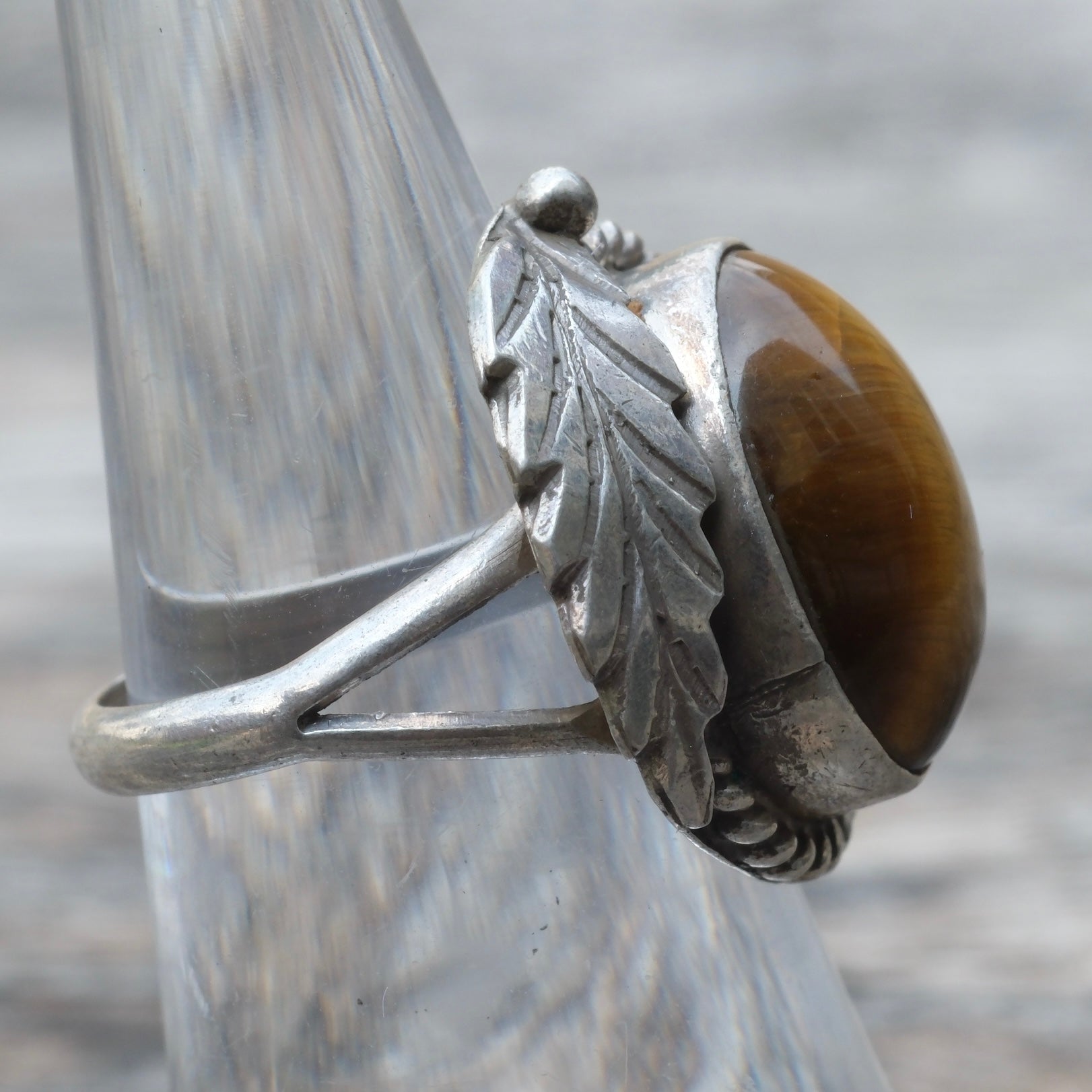 Vintage Sterling Tigers Eye Feather Ring 5.5