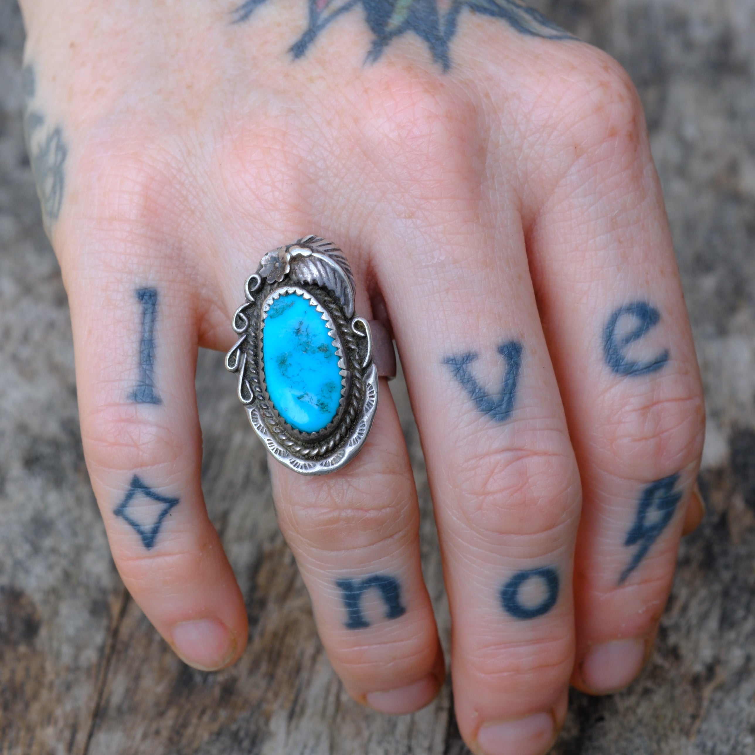 Vintage Sterling Turquoise Feather Ring 5.5