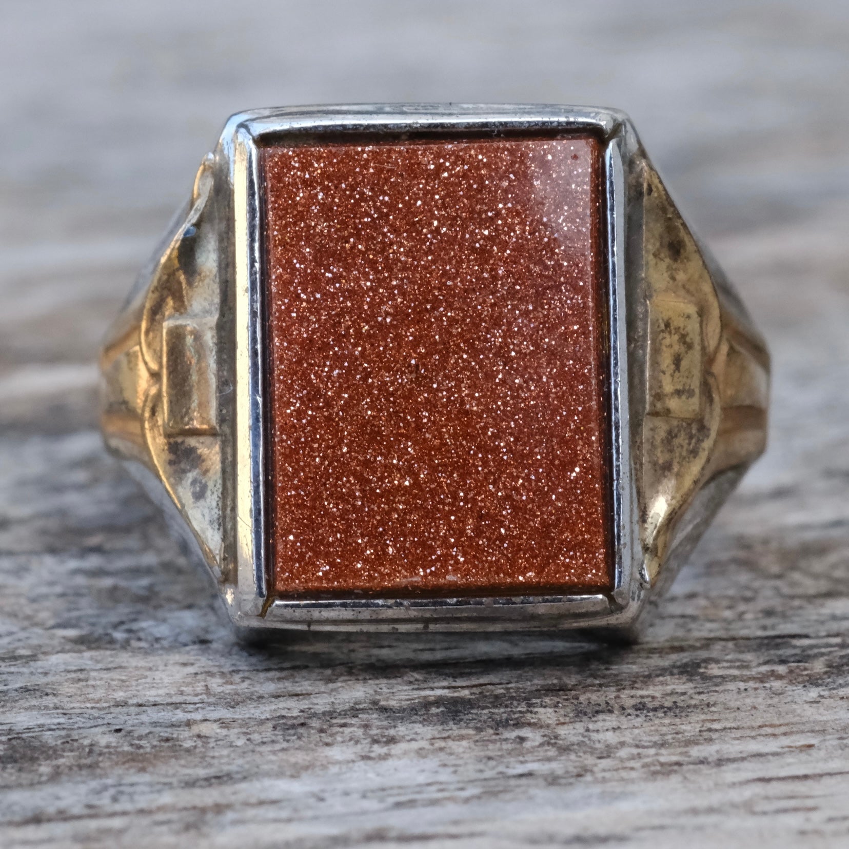 Vintage Sterling Goldstone Signet Ring 10.75