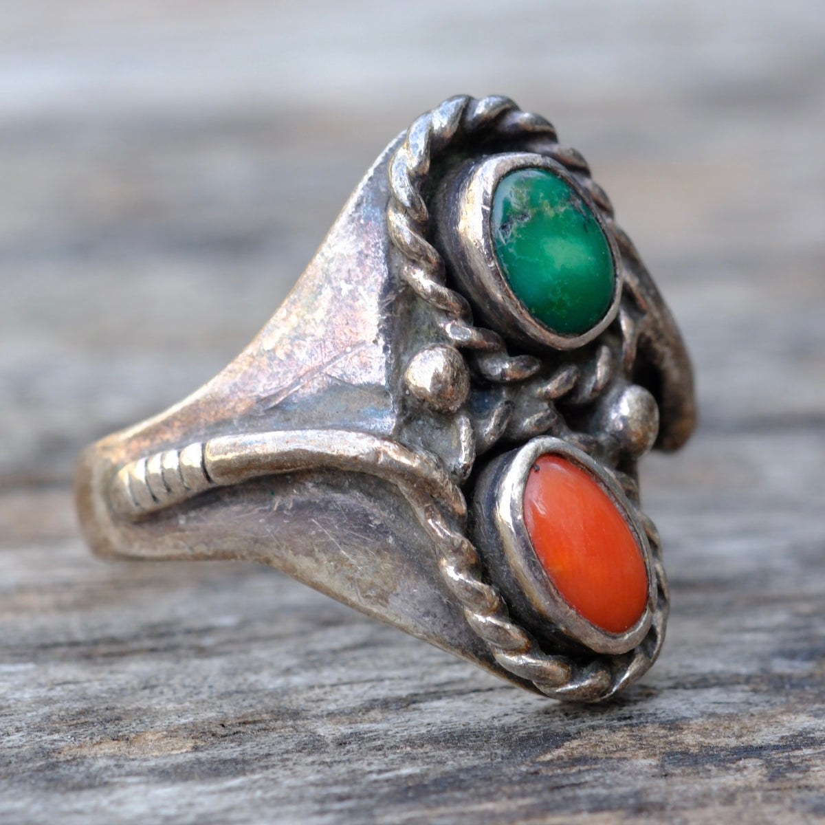 Vintage Sterling Turquoise and Coral Snake Ring 9