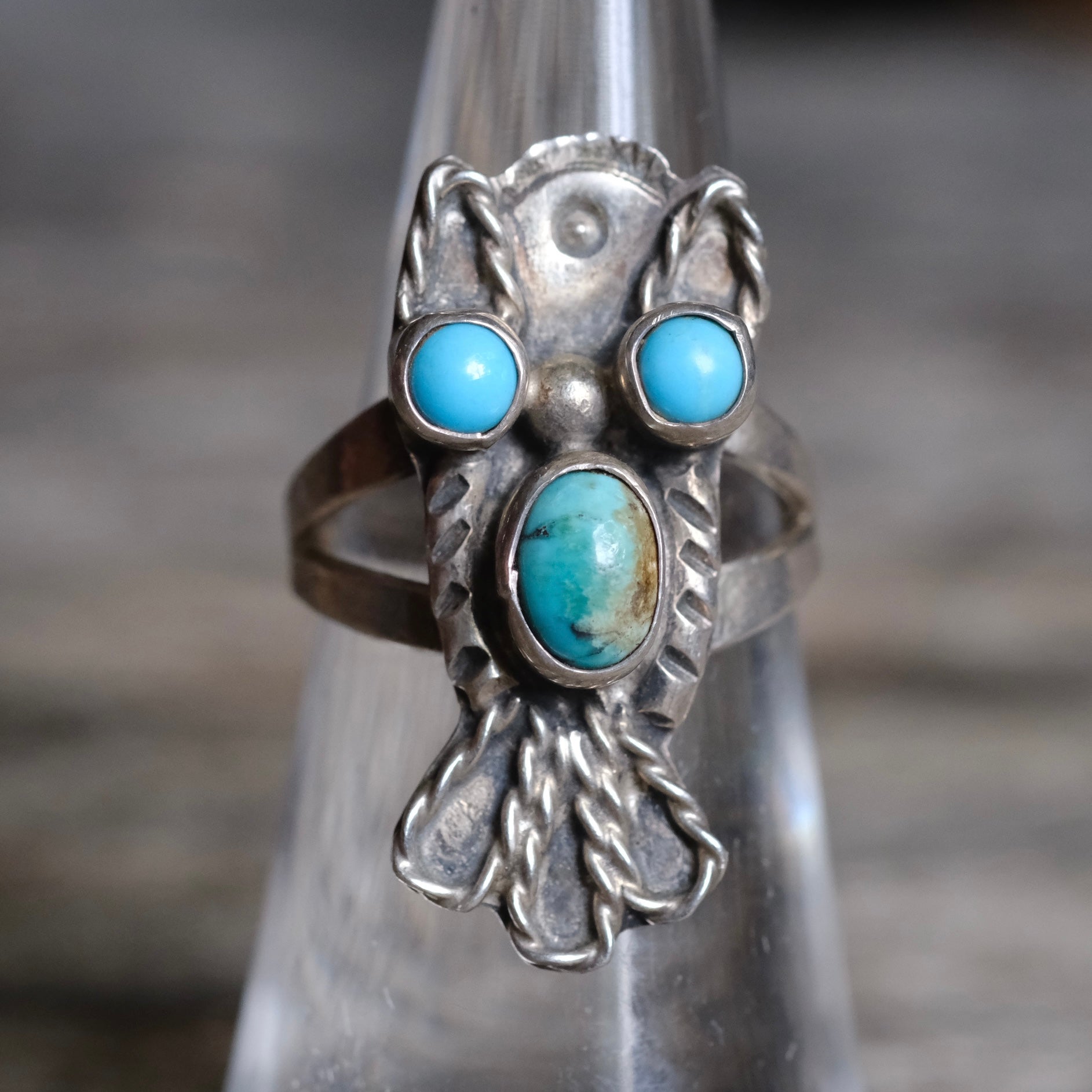Vintage Sterling Turquoise Owl Ring 5.25