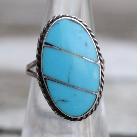 Vintage Sterling Turquoise Inlay Roper Ring 6