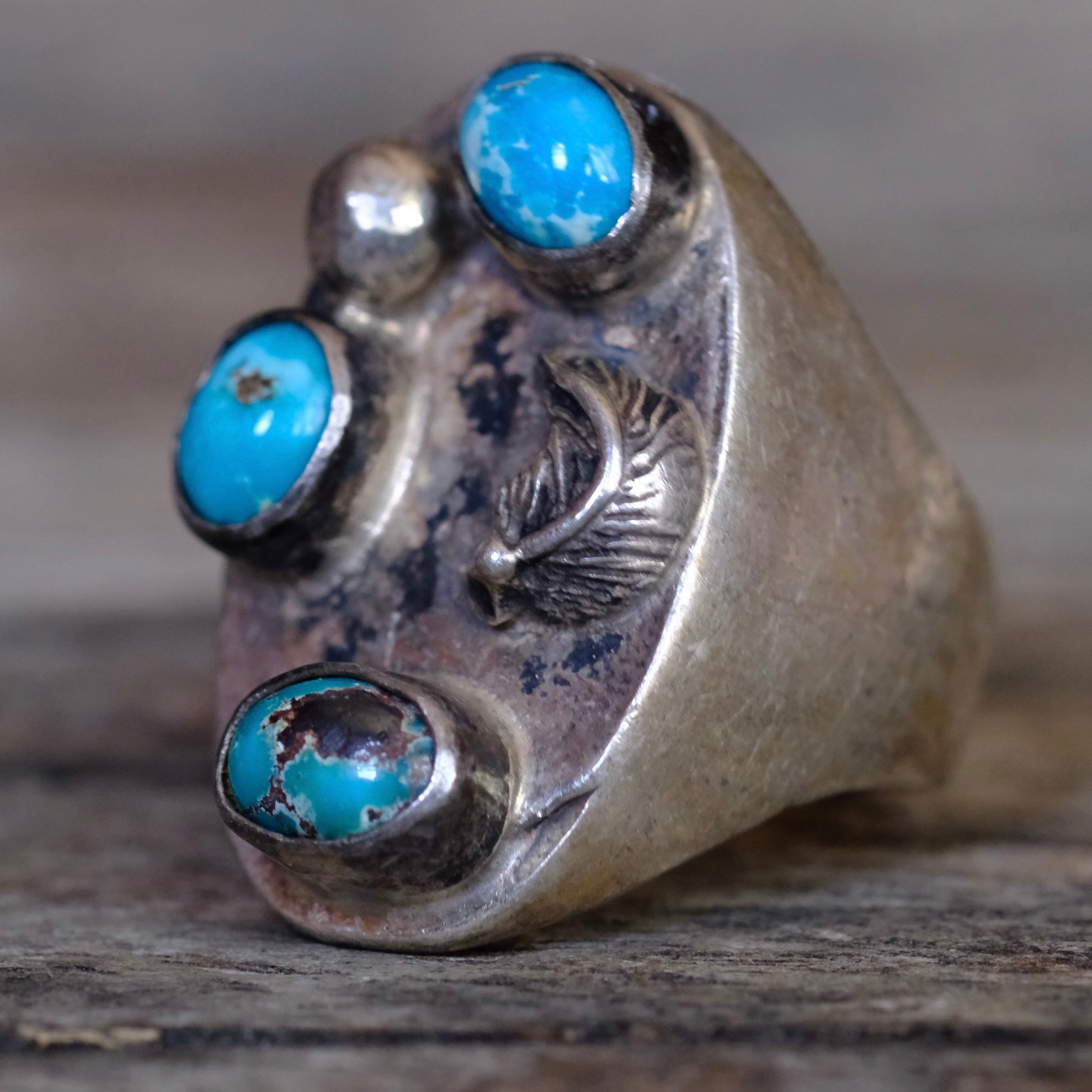Vintage Sterling 3-Stone Turquoise Feather Ring 8