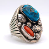 Vintage Sterling Turquoise and Coral Feather Ring 11.5