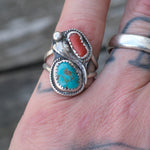 Vintage Sterling Turquoise and Coral Feather Ring 7.25