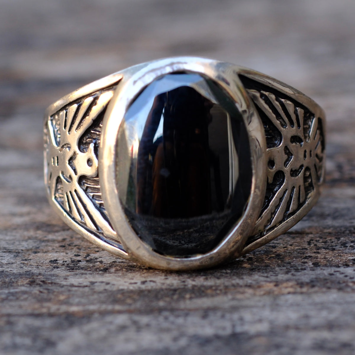 Vintage Sterling Hematite Thunderbird Ring 15.5