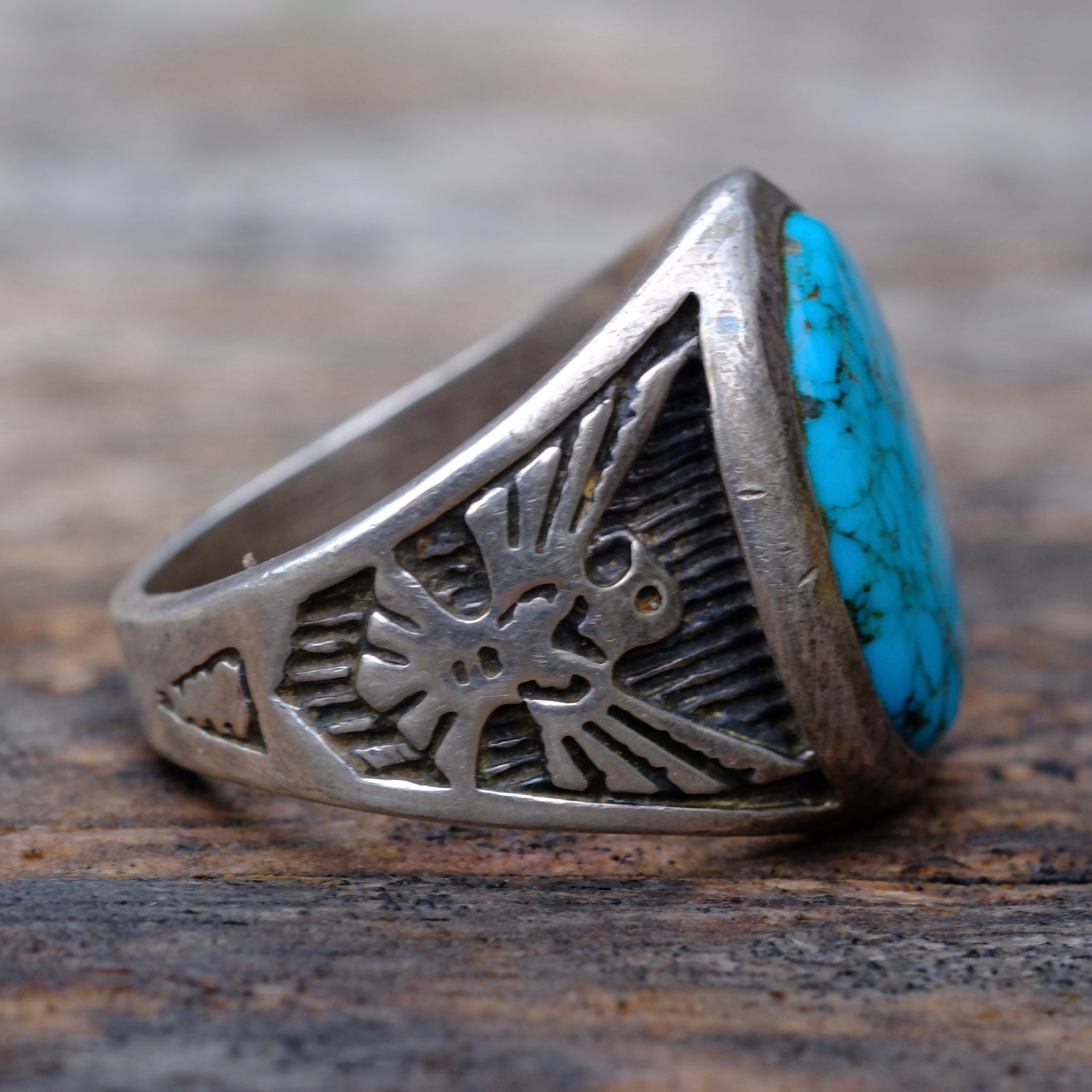 Vintage Sterling Turquoise Thunderbird Ring 9.5
