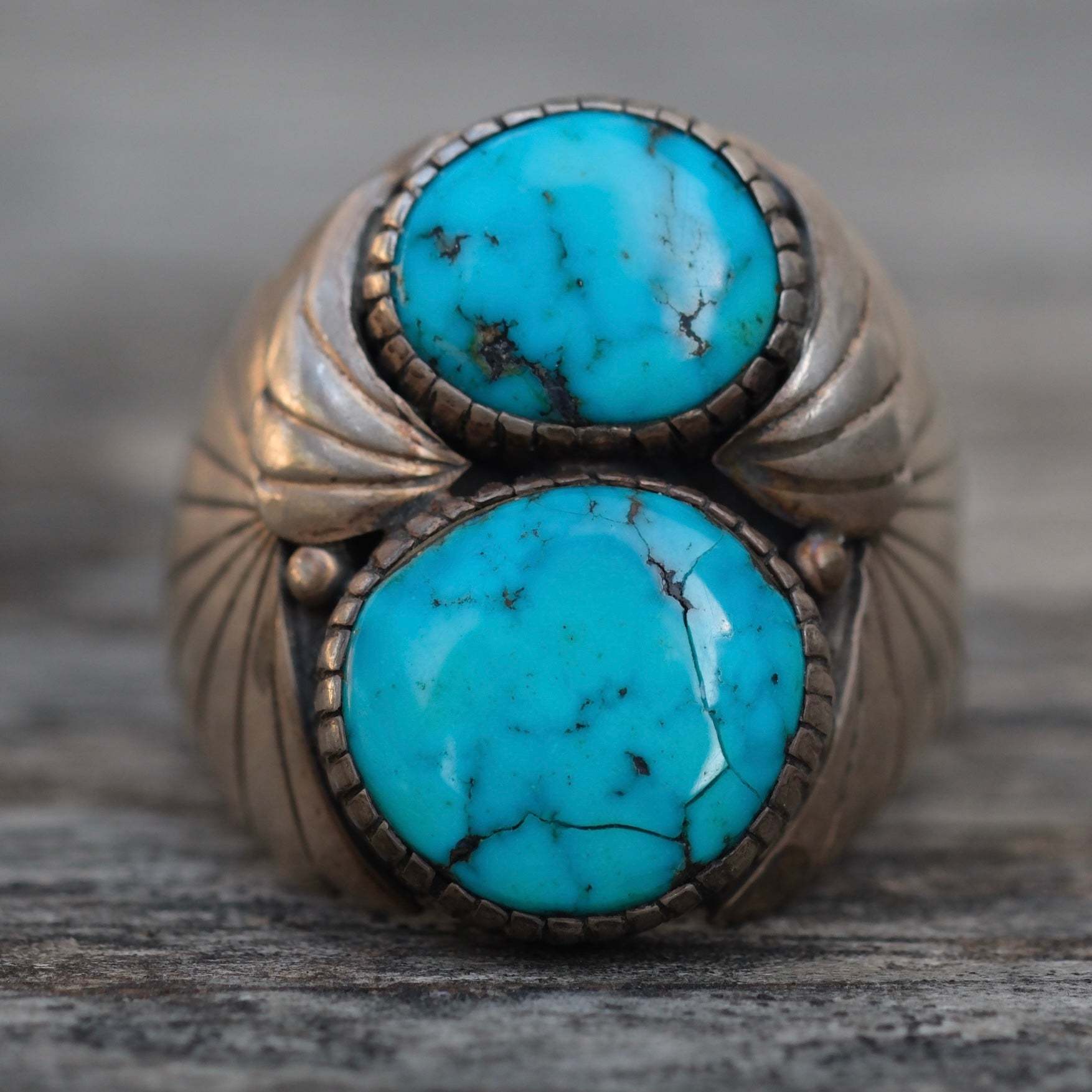 Vintage Sterling 2-Stone Turquoise Ribbed Band Ring 13