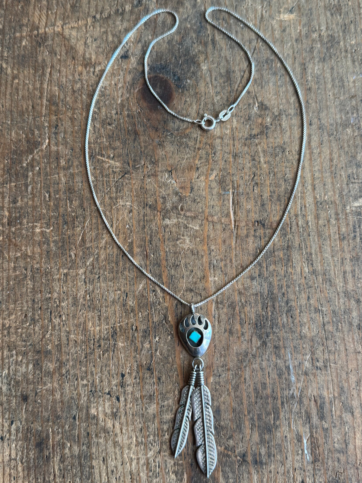 Vintage Sterling Silver Turquoise Feather Shadowbox Necklace