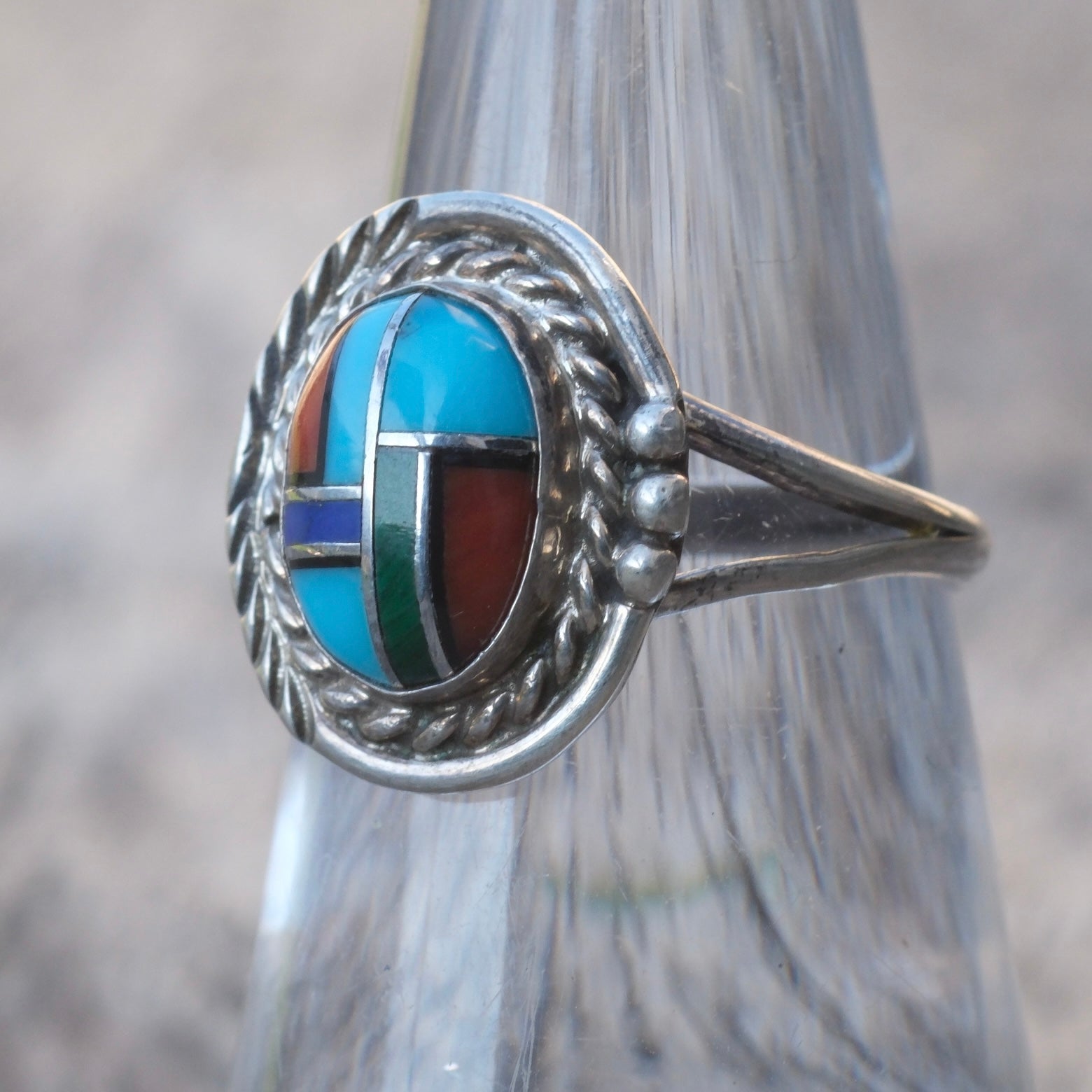 Vintage Sterling Multistone Inlay Ring 6