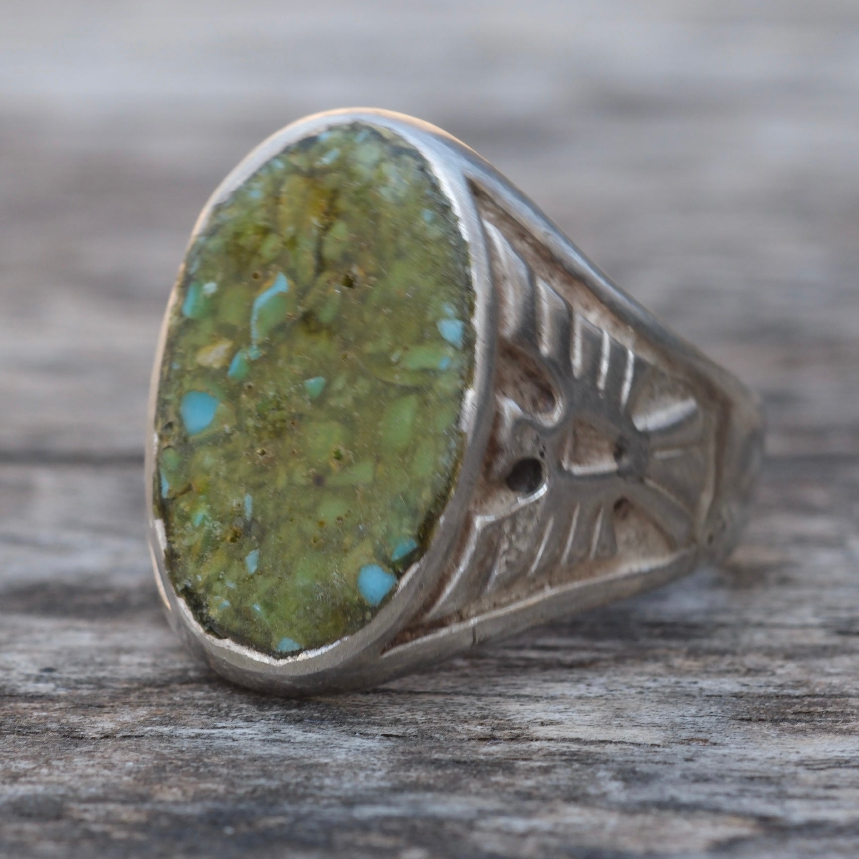 Vintage Sterling Crushed Turquoise Thunderbird Ring 9.5