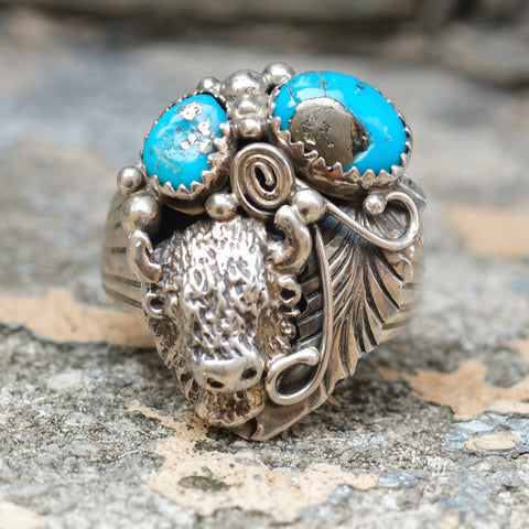 Vintage Sterling Turquoise Buffalo Ring 10.5