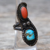 Vintage Sterling Turquoise and Coral Roper Ring 5.25