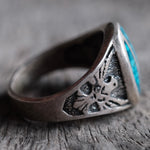 Vintage Sterling Crushed Turquoise Inlay Thunderbird Ring 12.5