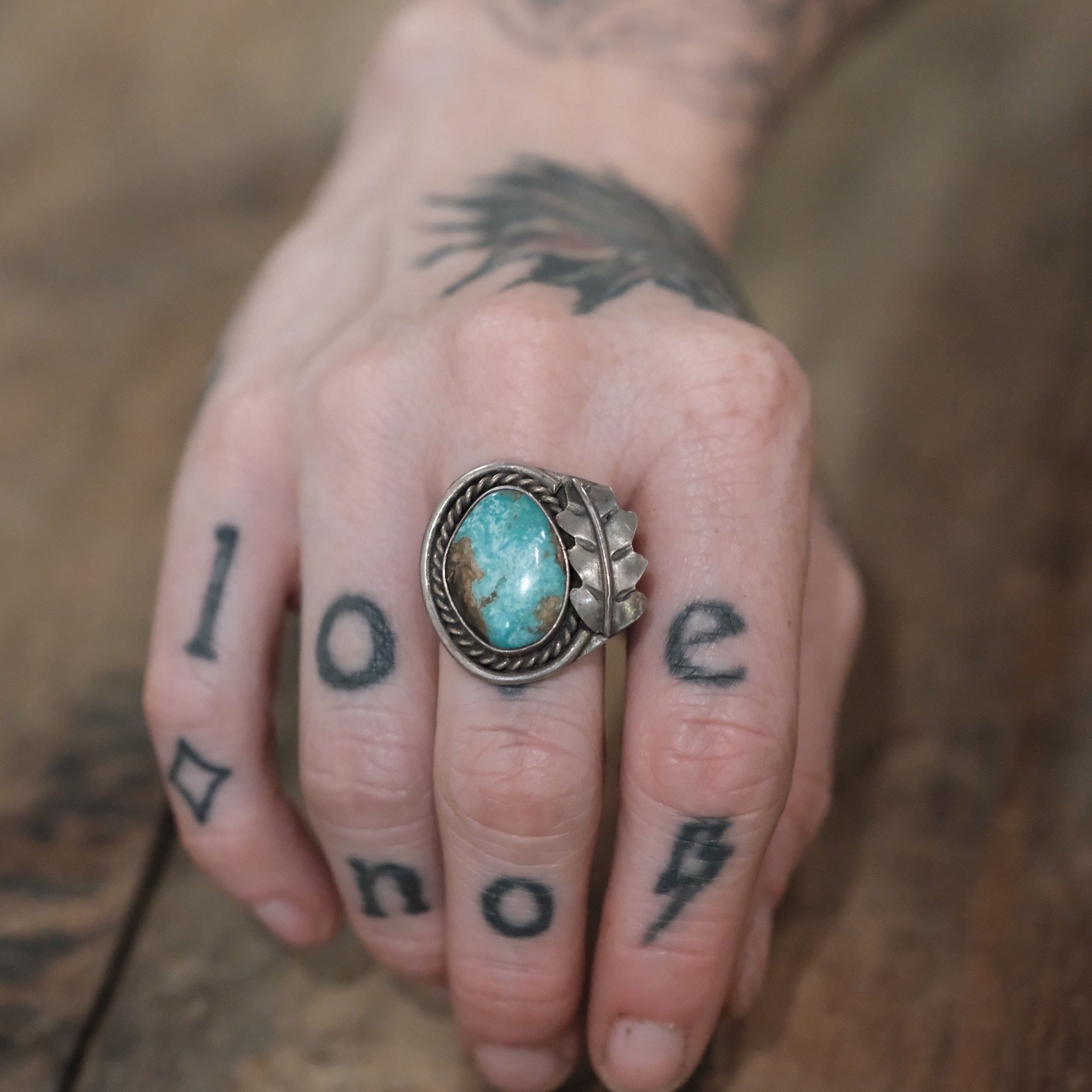 Vintage Sterling Turquoise Feather Ring 7.5