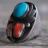 Vintage Sterling Turquoise and Coral Ring 10.25