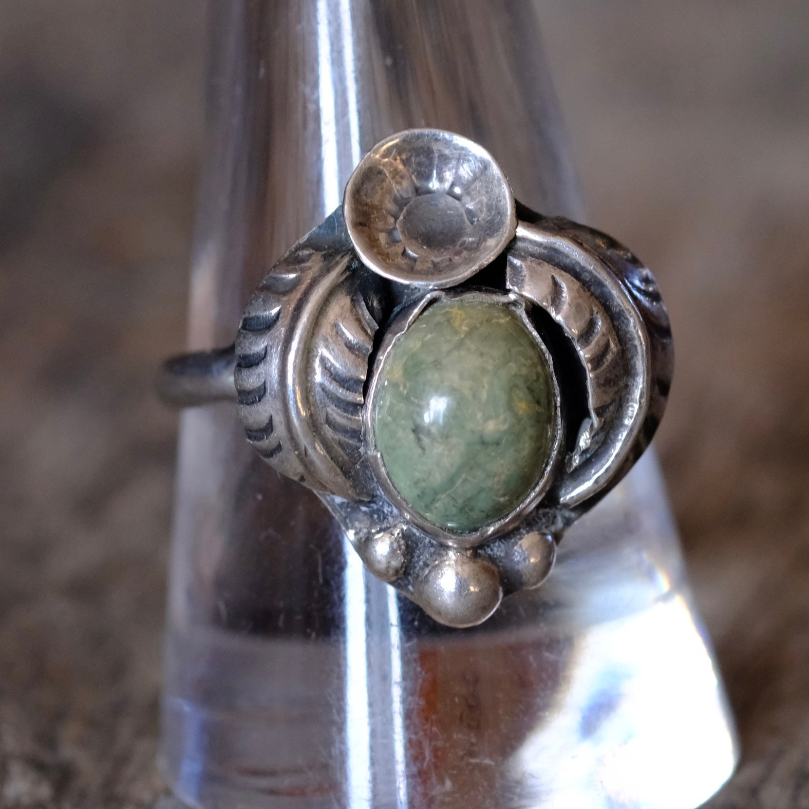Vintage Sterling Green Jasper Feather Ring 10