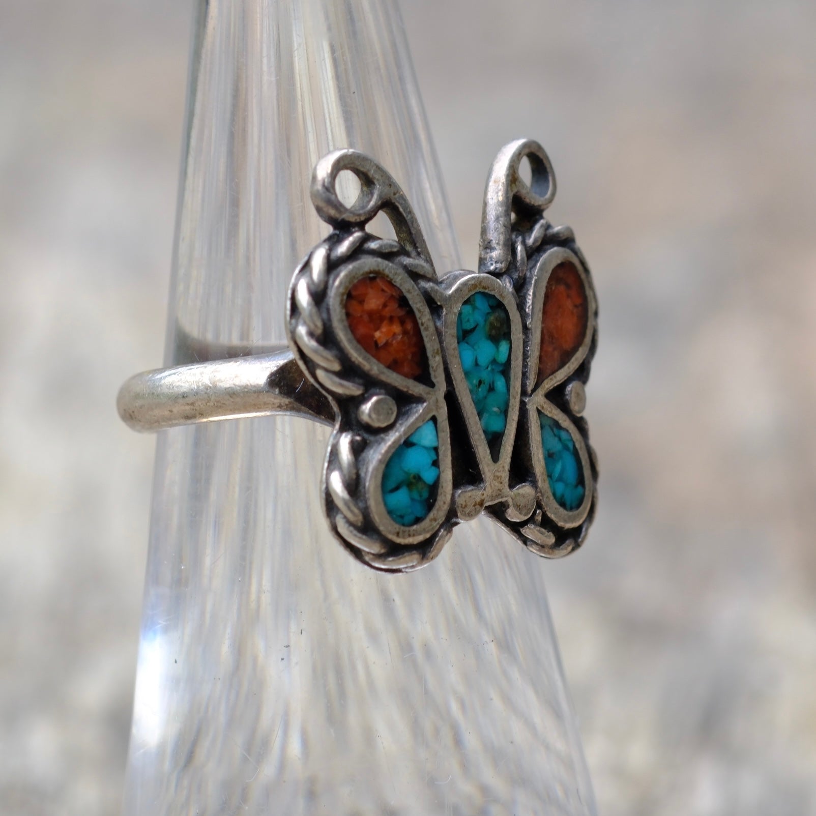 Vintage Sterling Turquoise and Coral Butterfly Ring 4.25