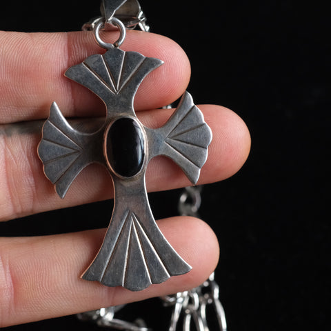 Vintage Sterling Silver Onyx Cross Necklace