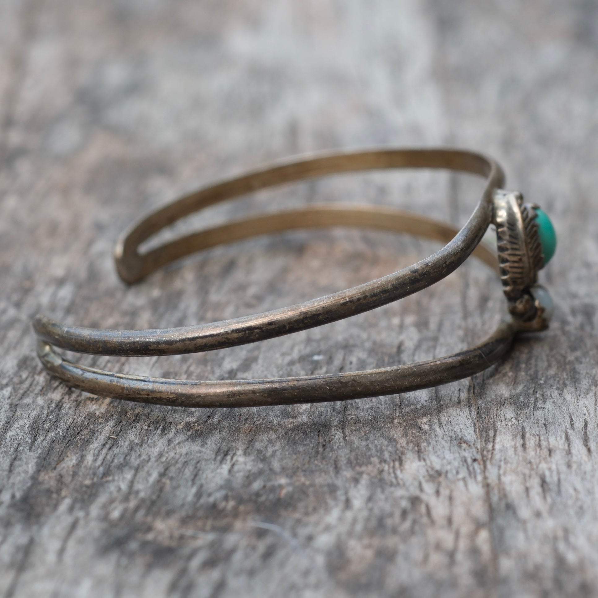 Vintage Sterling Turquoise and Mother Of Pearl Feather Cuff Bracelet