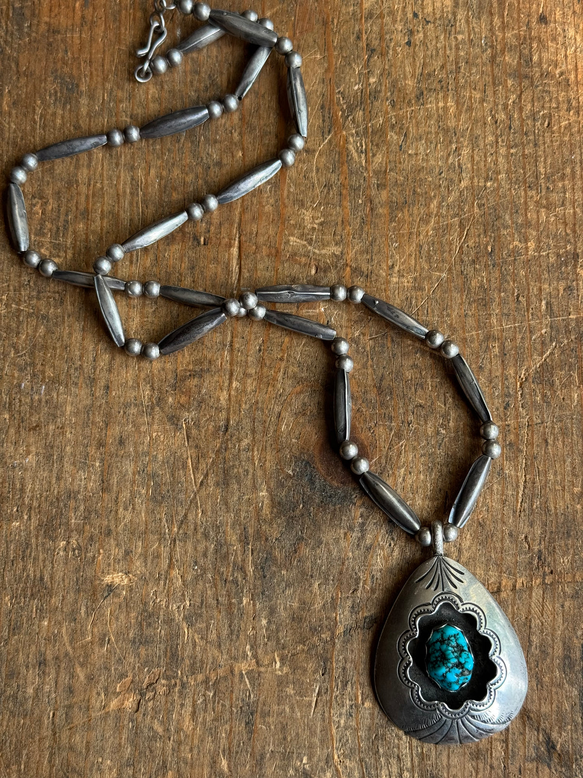 Vintage Sterling Silver Stamped Raw Turquoise Shadowbox Necklace