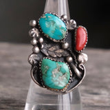 Vintage Sterling Turquoise and Coral Feather Ring 7.25