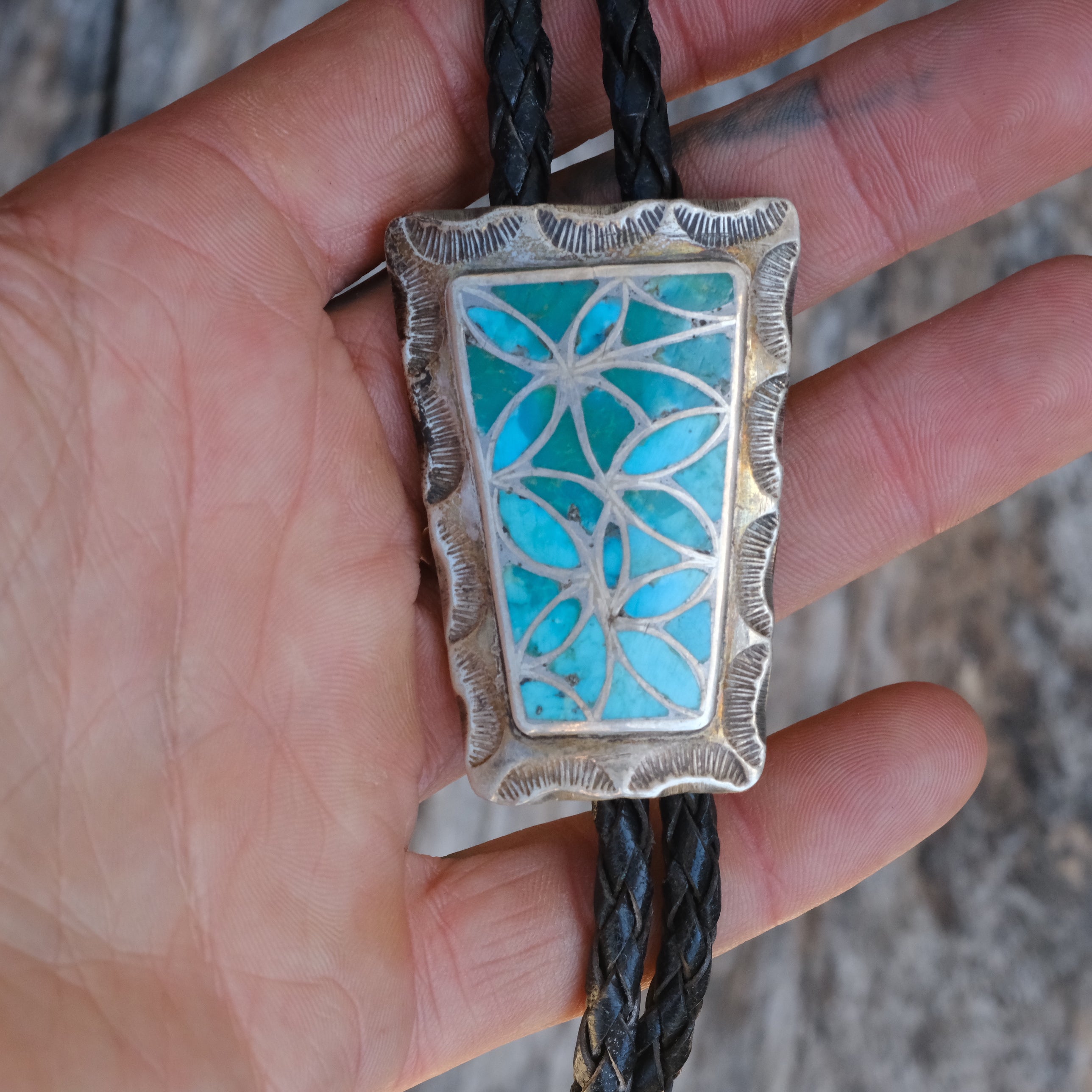 Vintage Sterling Turquoise Inlay Stamped Bolo Tie