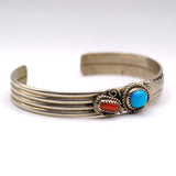 Vintage Sterling Turquoise and Coral Feather Cuff Bracelet 6.75"