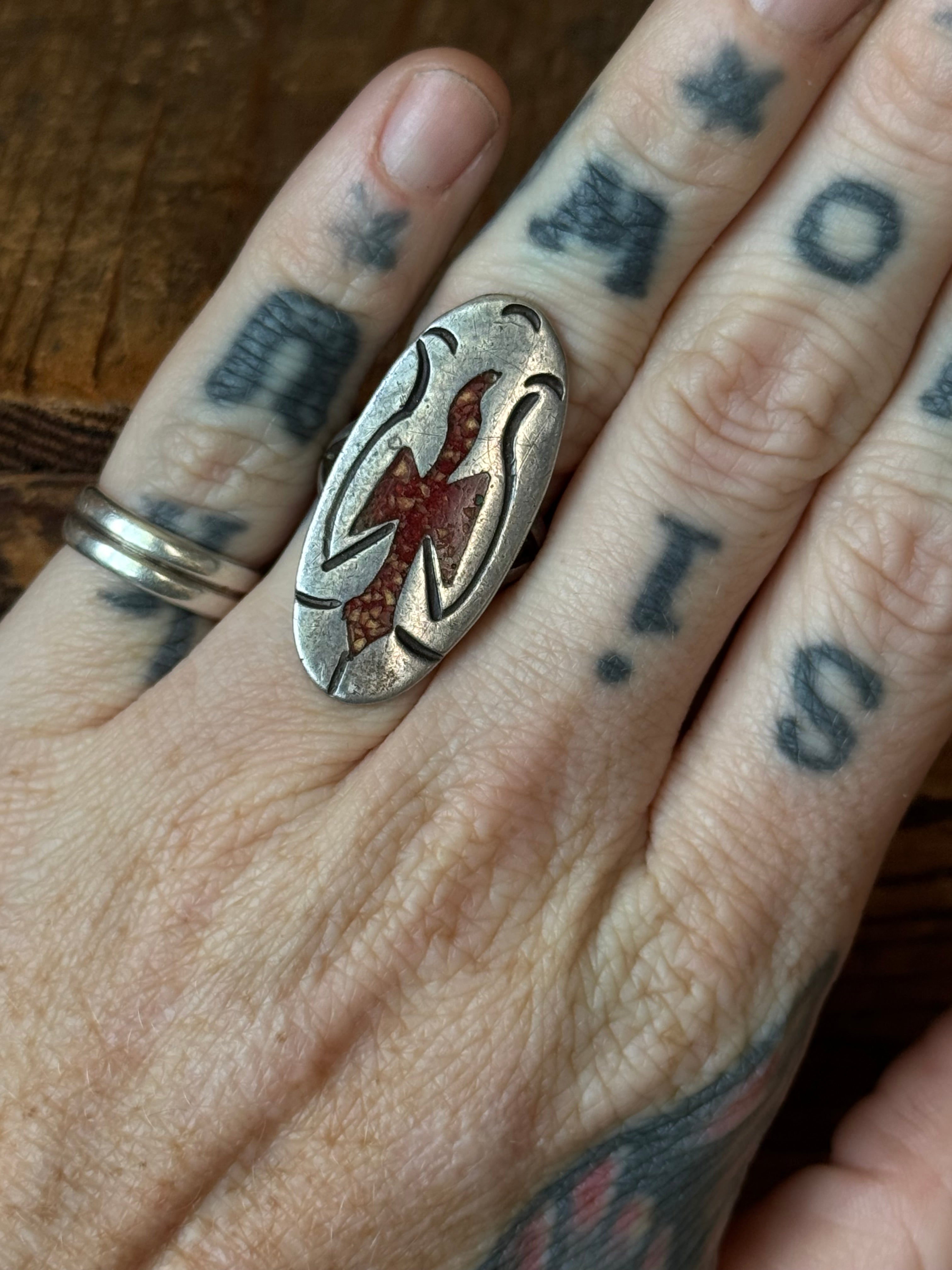 Vintage Sterling Silver Coral Inlay Peyote Bird Ring 5.75