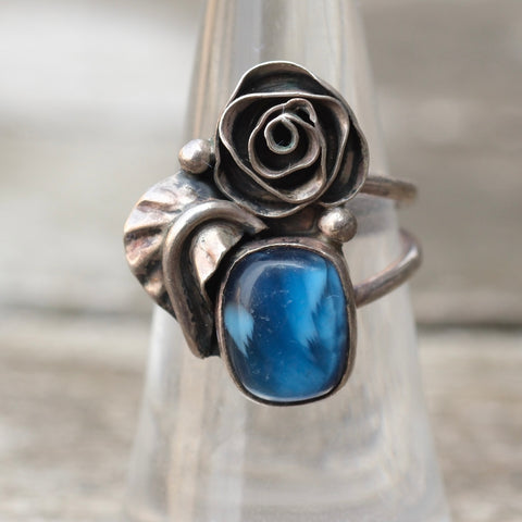 Vintage Sterling Blue Abalone Rose Ring  6.75