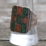 Vintage Sterling Turquoise and Coral Inlay Stamped Band Ring 10.25