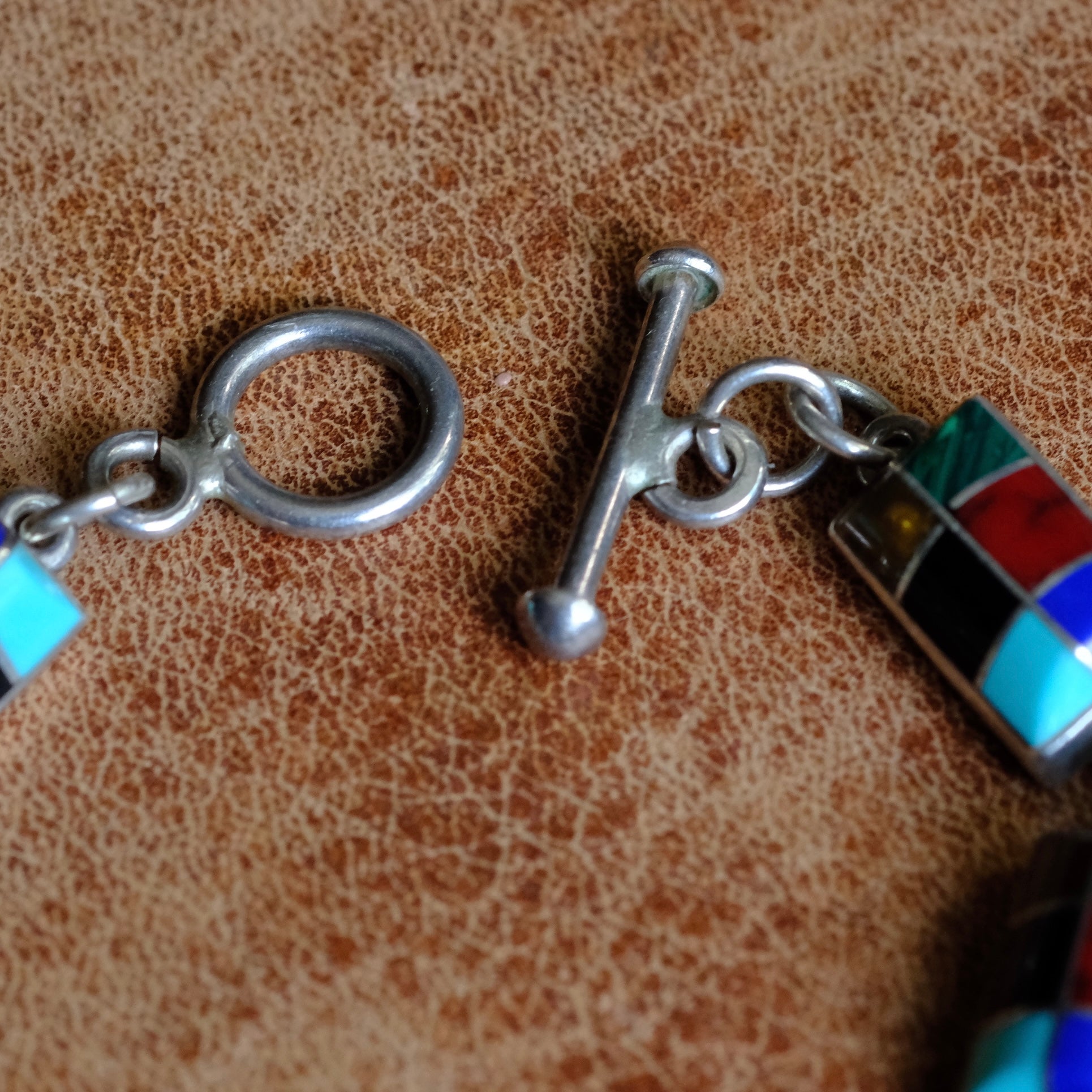 Vintage Sterling Multistone Inlay Link Bracelet